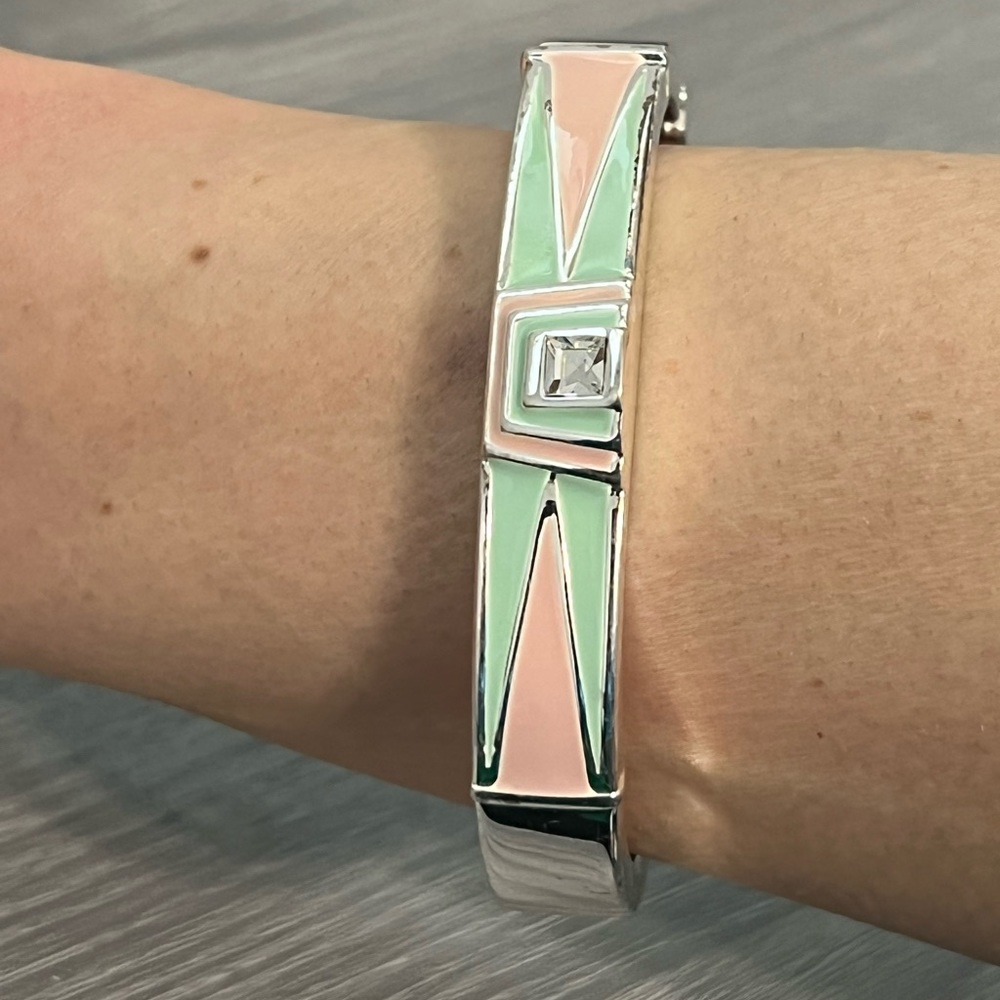 Silver Hinged Bangle Bracelet w/ Seafoam Green and Peach Enamel and CZ Diamond